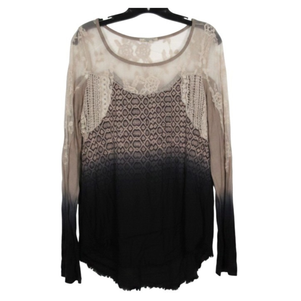 GIMMICKS BKE Tan/Black MESH EMBROIDERED BUST Twill FRAYED HEM Blouse/Tunic Top L